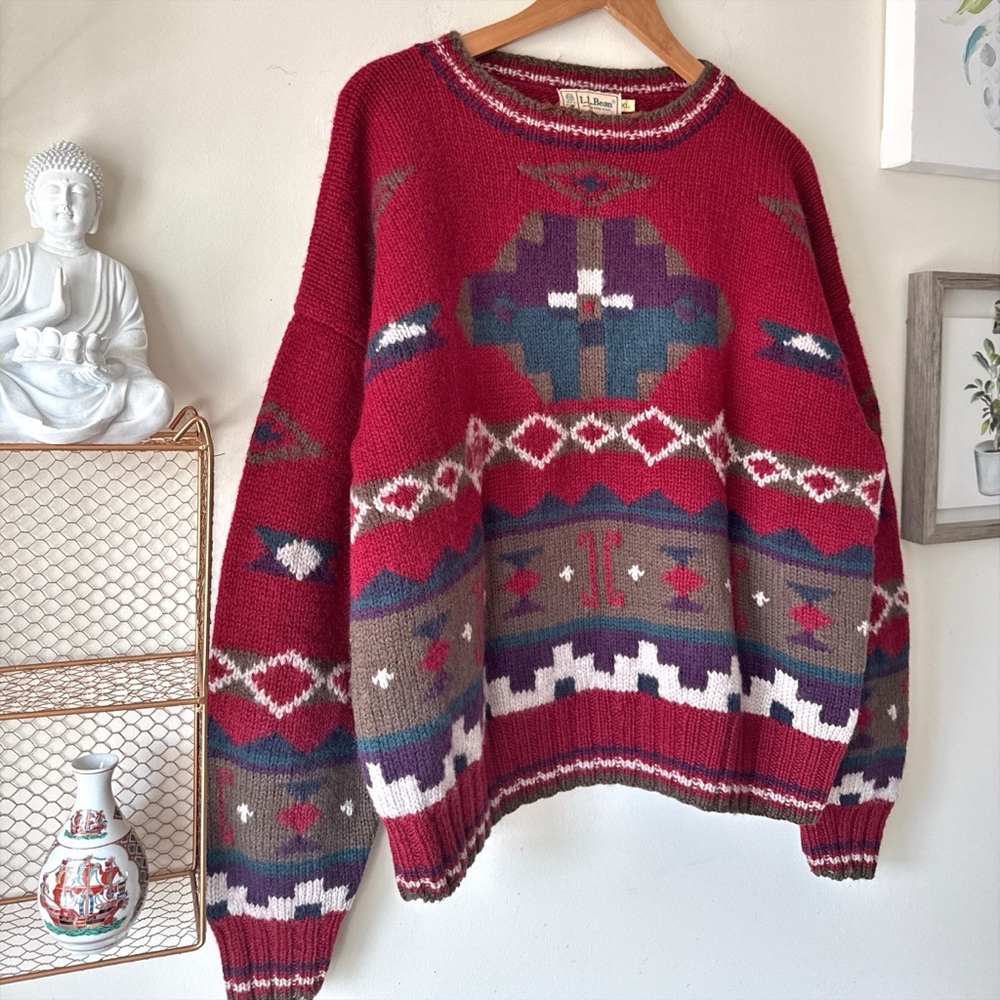90s LL BEAN Geometric Pure New Wool Sweater Made in Hong Kong Large Grandpa Core - Picture 4 of 12